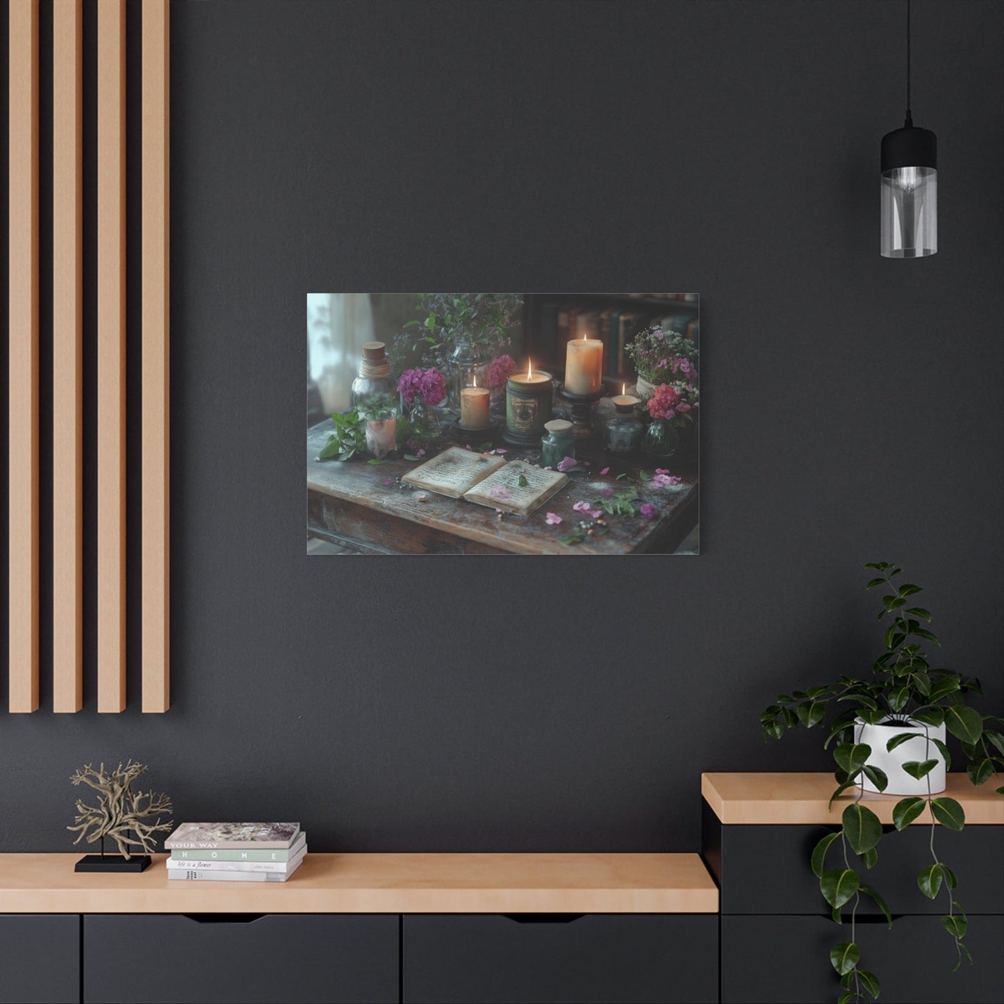 Stretched canvas wall art with vintage floral arrangement and candlelight décor for cozy living room ambiance