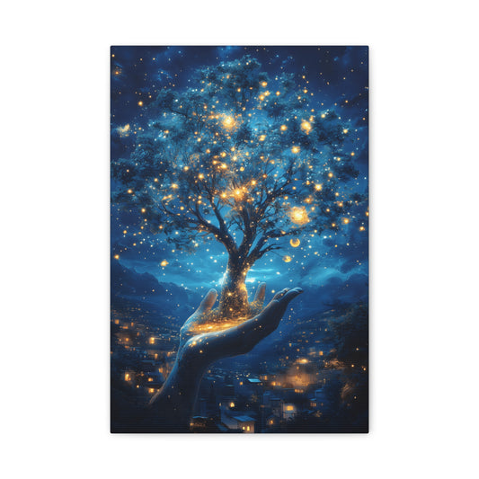 Stretched Canvas Art Print - Dreamy Night Tree Design, Home Decor, Gift for Nature Lovers, Bohemian Wall Art, Mindful Decor