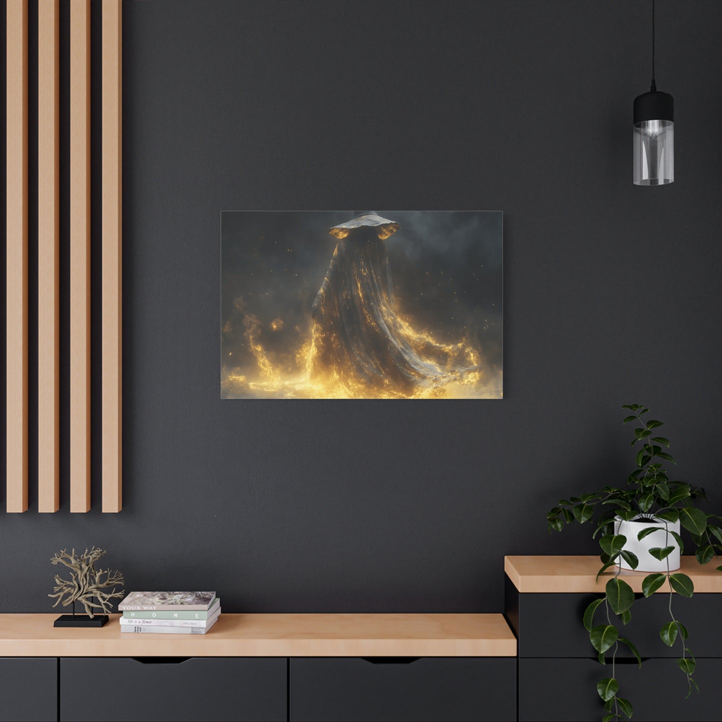 Canvas Wall Art, Fantasy Decor, Wizard Artwork, Fire Theme, Mystical Home Accent