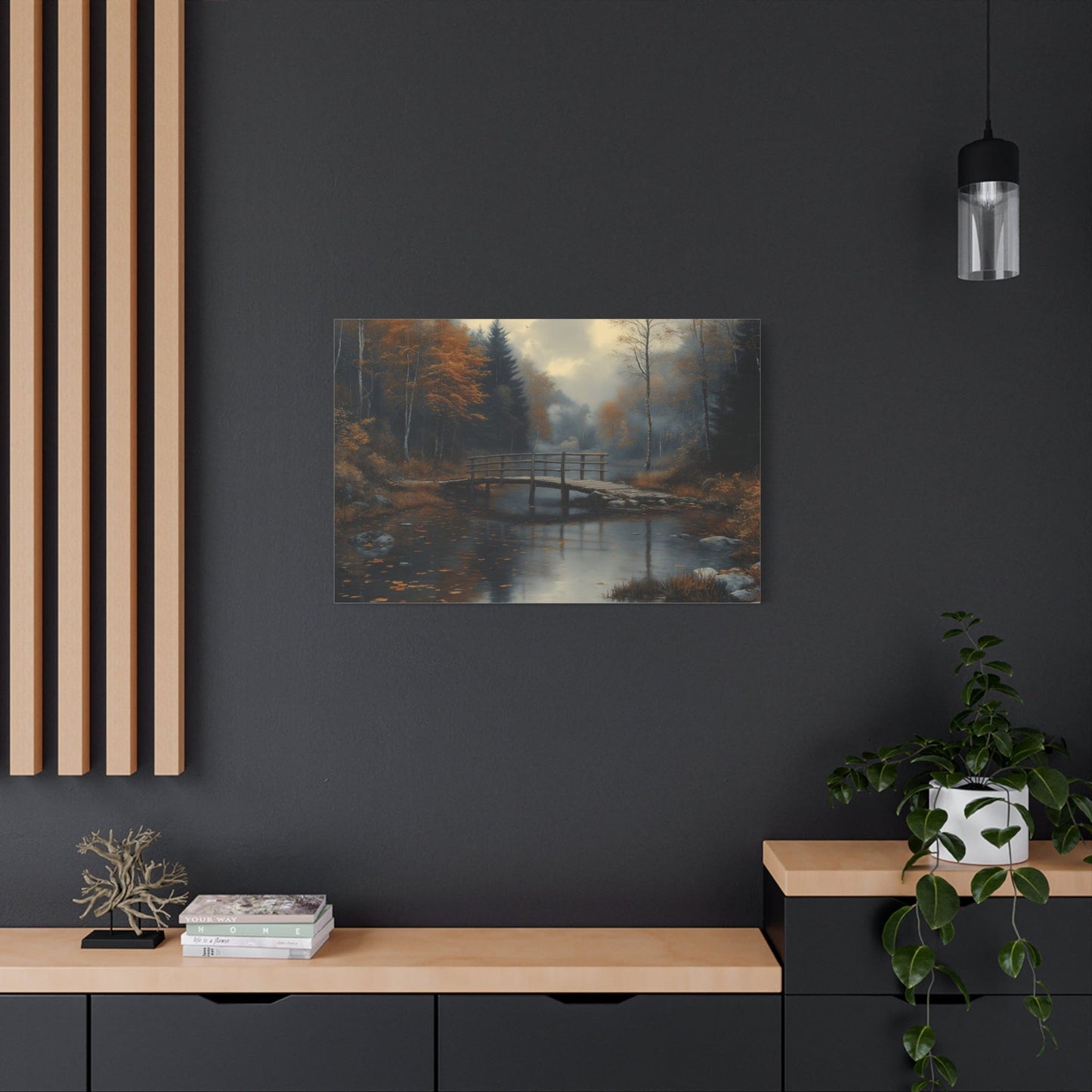 Autumn Landscape Canvas Print, Nature Art for Home Decor, Rustic Wall Art, Fall Decor, Bridge and River Painting