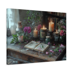 Stretched canvas wall art with vintage floral arrangement and candlelight décor for cozy living room ambiance