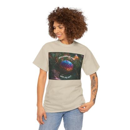 Playful Unisex Heavy Cotton Tee featuring humorous hacky sack graphic, perfect for casual wear.
