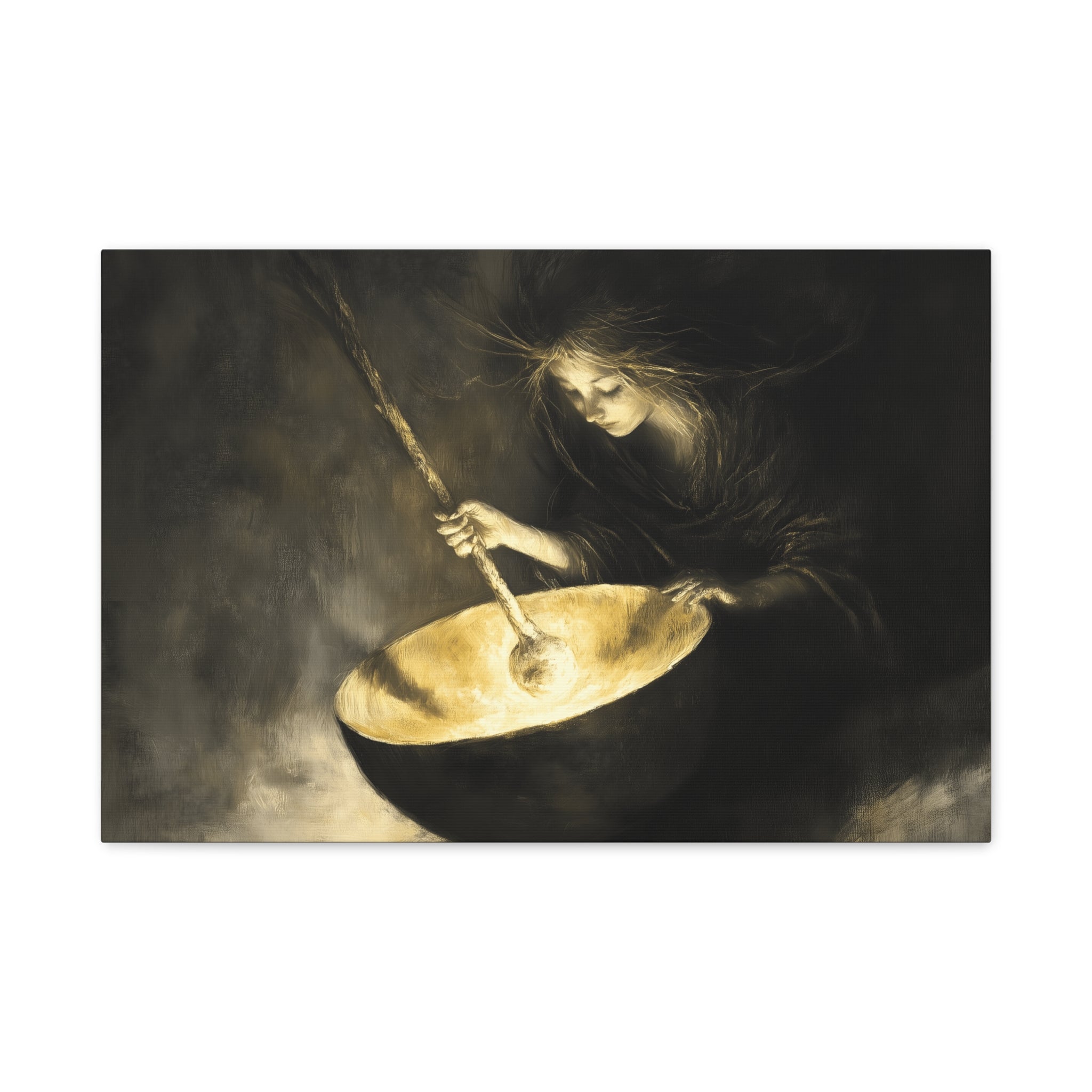 Mystical Canvas Art: Enchanting Witch in Black and Gold, Fantasy Wall Decor, Home & Kitchen Art, Unique Gift for Occasions