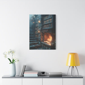 Cozy Fantasy Art Canvas, Enchanting Library Décor, Wall Art for Book Lovers, Mystical Home Aesthetic