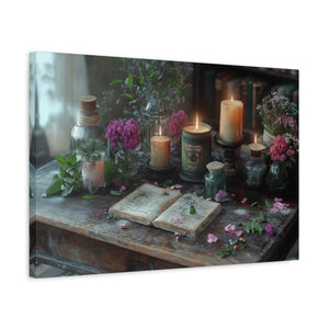 Stretched canvas wall art with vintage floral arrangement and candlelight décor for cozy living room ambiance