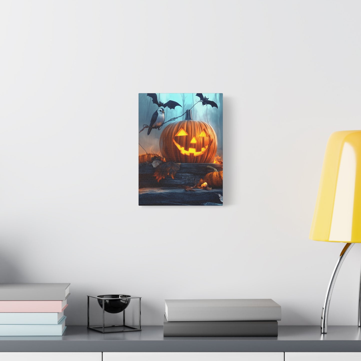 Halloween Canvas Art, Spooky Pumpkin Wall Decor, Fall Home Décor, Autumn Decoration, Bat and Crow Illustration