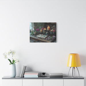 Stretched canvas wall art with vintage floral arrangement and candlelight décor for cozy living room ambiance