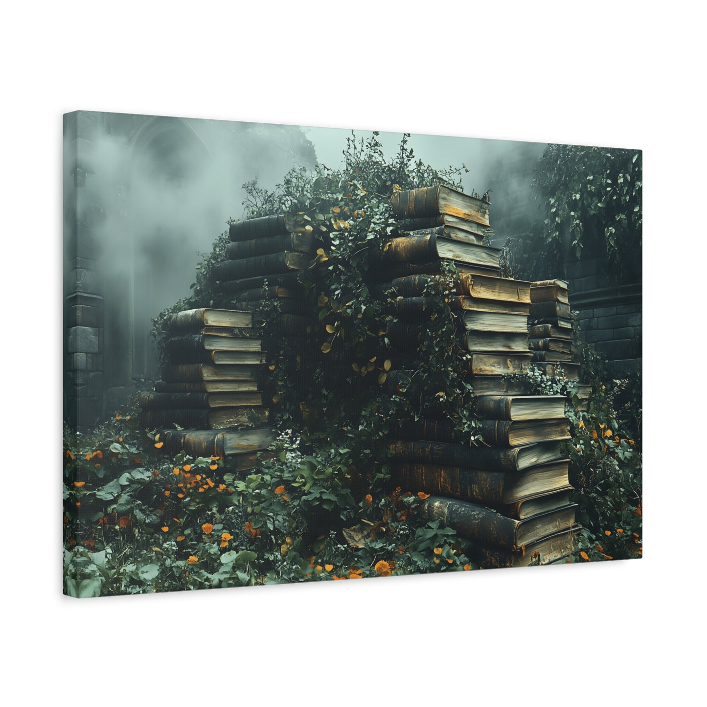 Mystical Book Stack Canvas Art, Enchanted Wall Decor, Literary Home Decor, Cozy Living Room Art, Nature Aesthetic