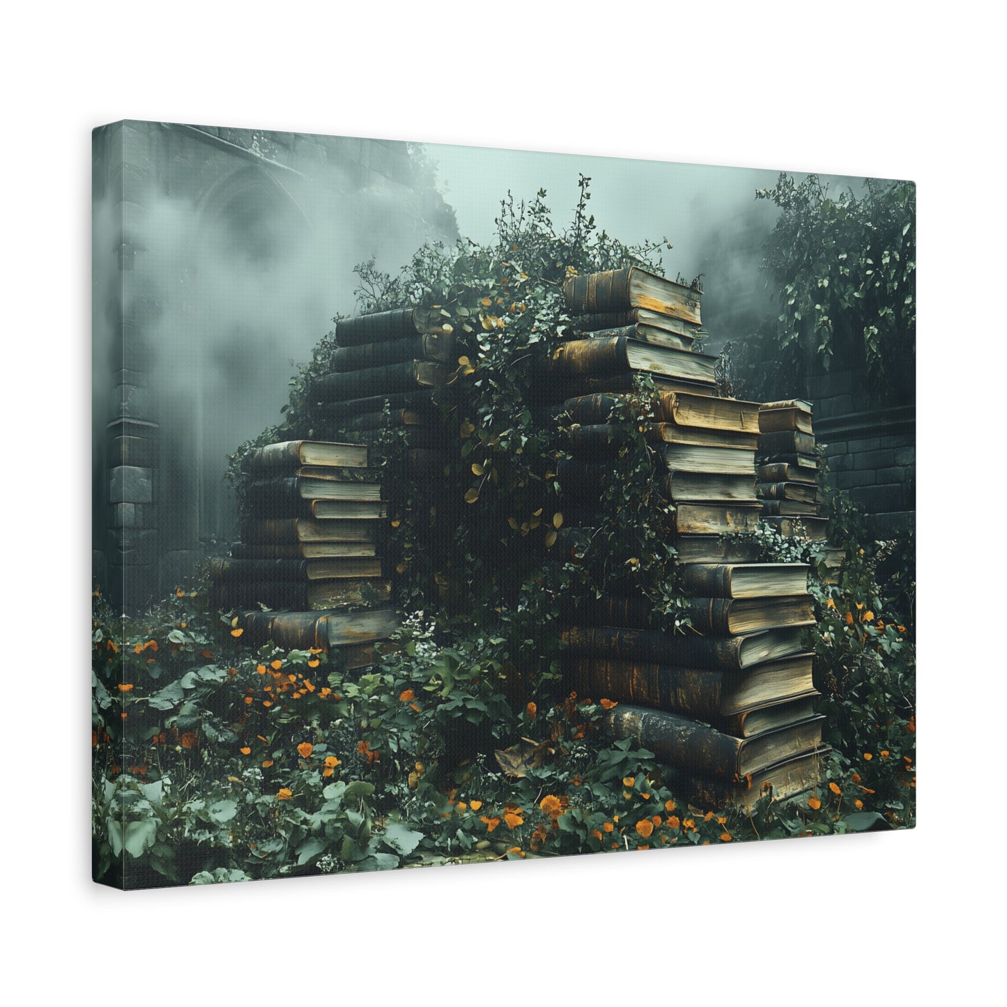 Mystical Book Stack Canvas Art, Enchanted Wall Decor, Literary Home Decor, Cozy Living Room Art, Nature Aesthetic