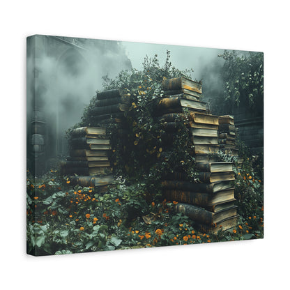 Mystical Book Stack Canvas Art, Enchanted Wall Decor, Literary Home Decor, Cozy Living Room Art, Nature Aesthetic