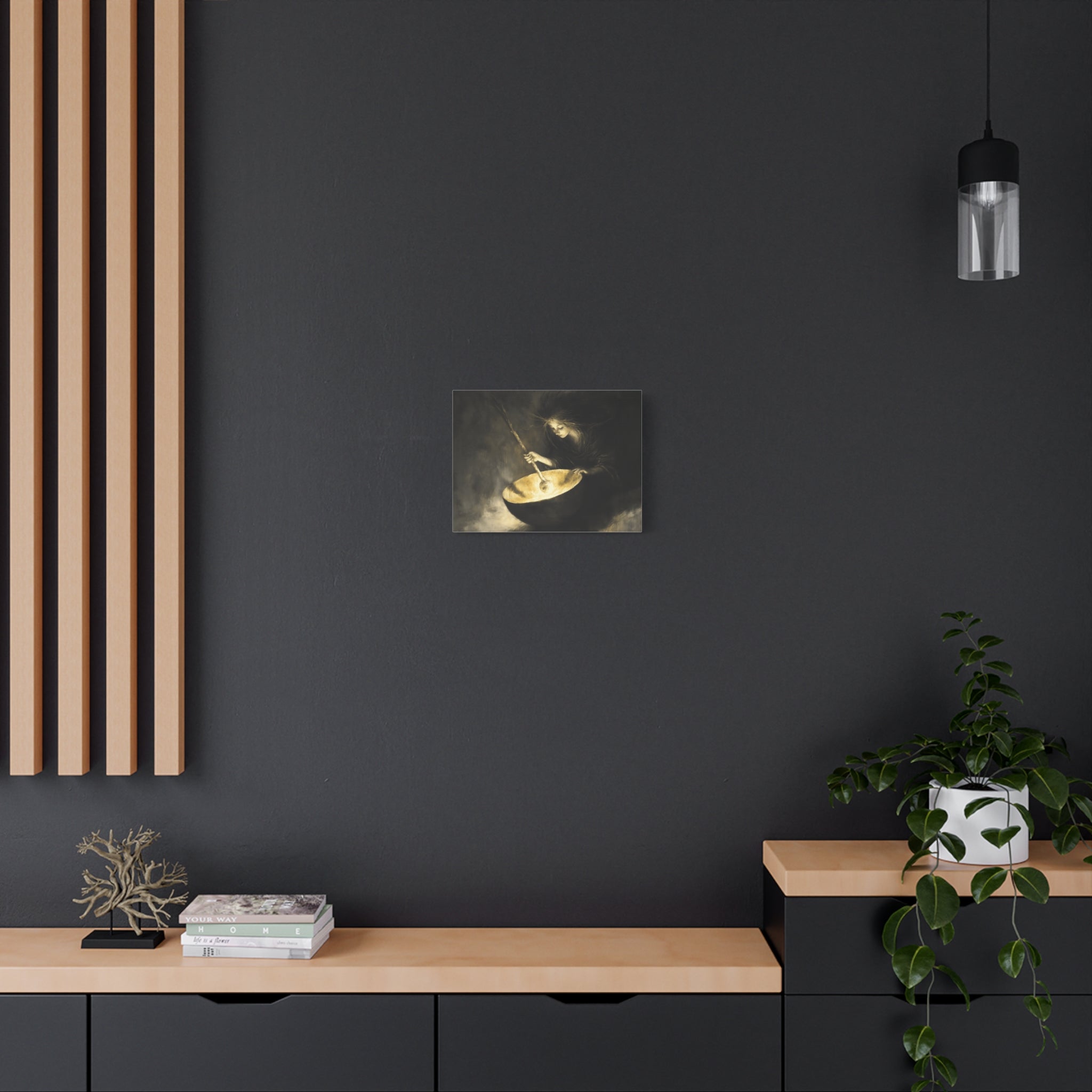 Mystical Canvas Art: Enchanting Witch in Black and Gold, Fantasy Wall Decor, Home & Kitchen Art, Unique Gift for Occasions