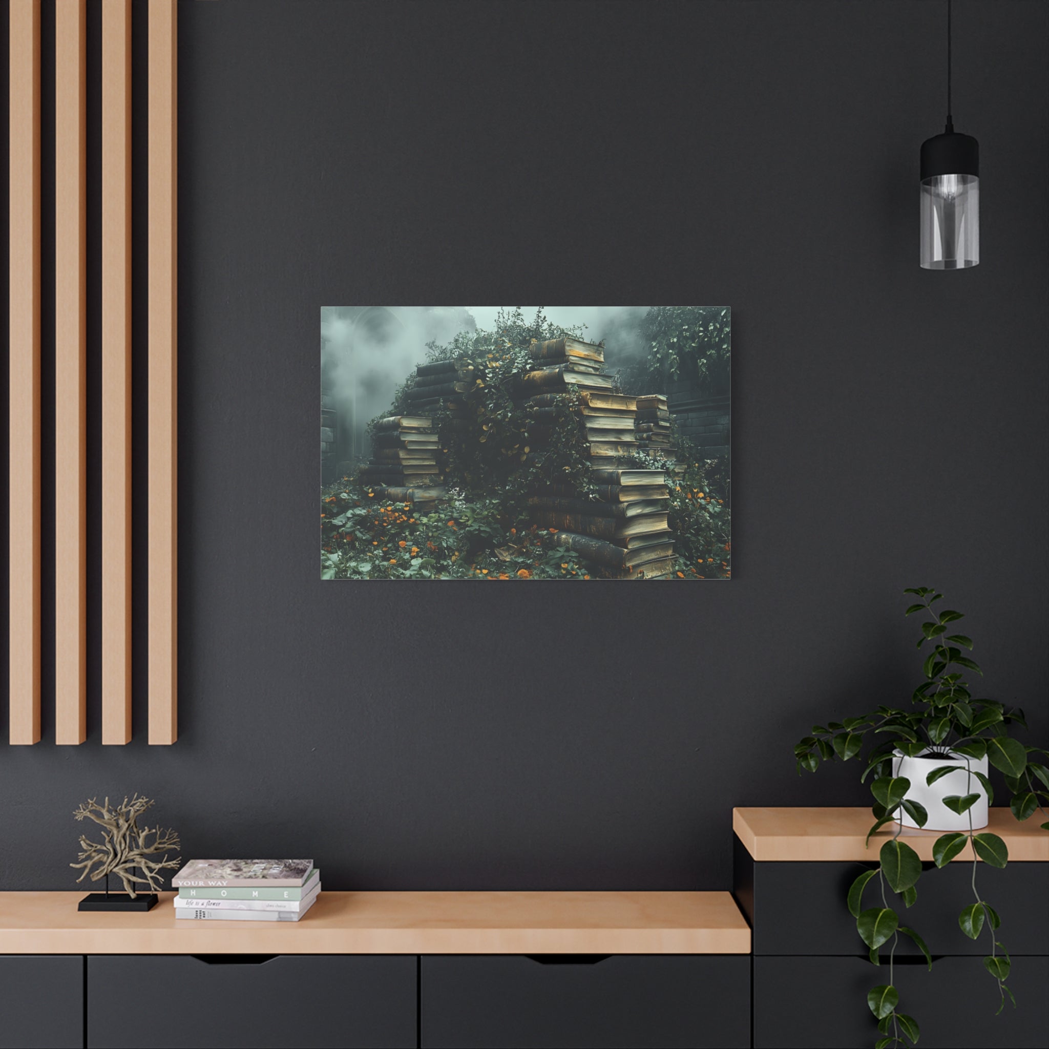 Mystical Book Stack Canvas Art, Enchanted Wall Decor, Literary Home Decor, Cozy Living Room Art, Nature Aesthetic