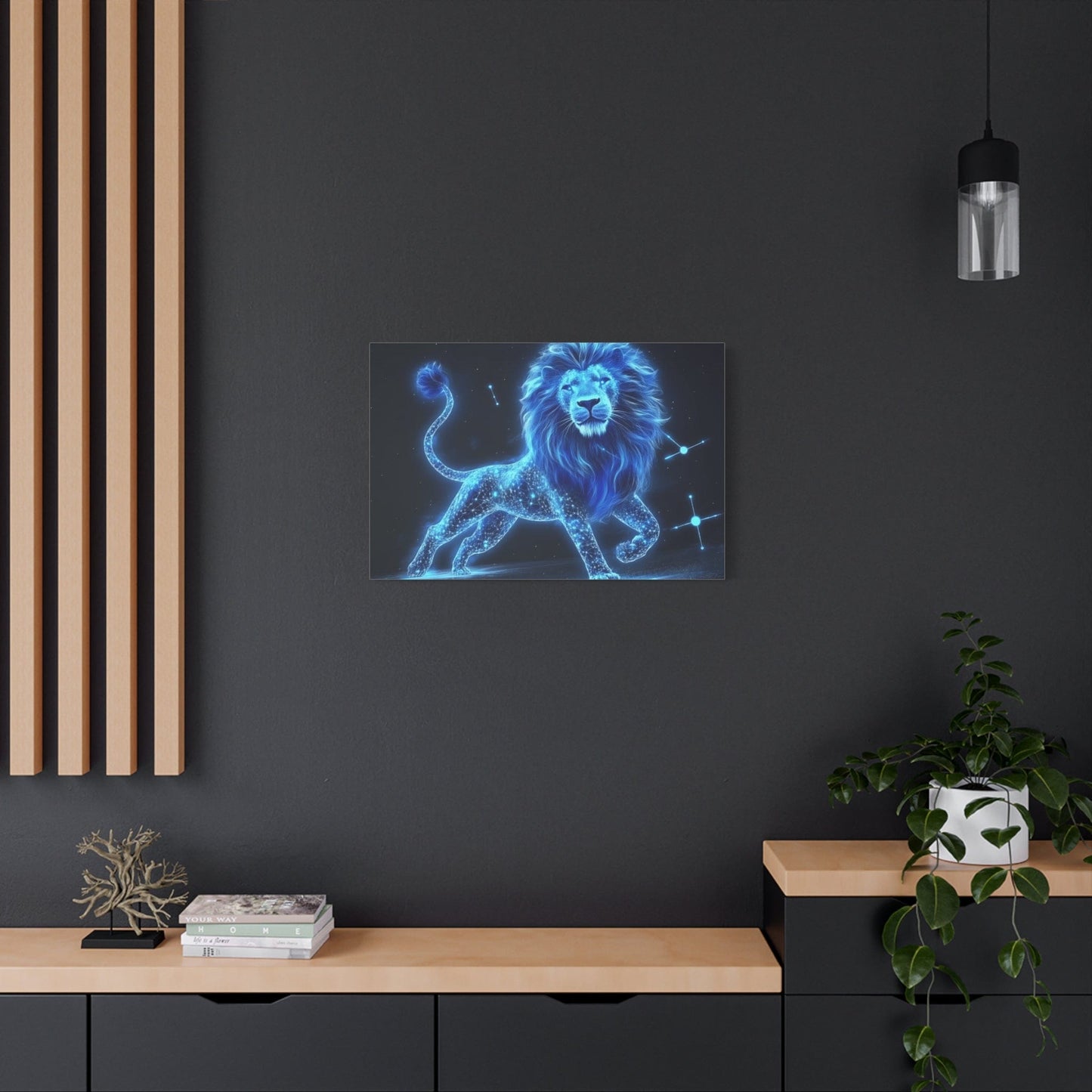 Celestial Lion Canvas Art, Cosmic Decor, Starry Night Wall Art, Gift for Animal Lovers, Home Office Decor, Vibrant Blue Canvas
