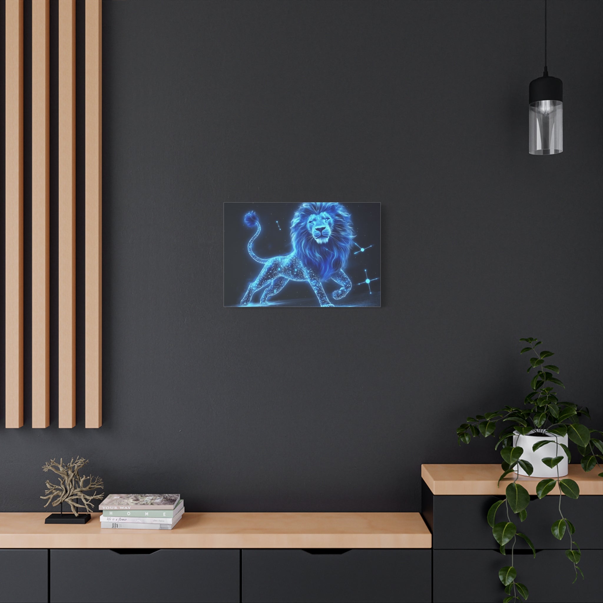 Celestial Lion Canvas Art, Cosmic Decor, Starry Night Wall Art, Gift for Animal Lovers, Home Office Decor, Vibrant Blue Canvas