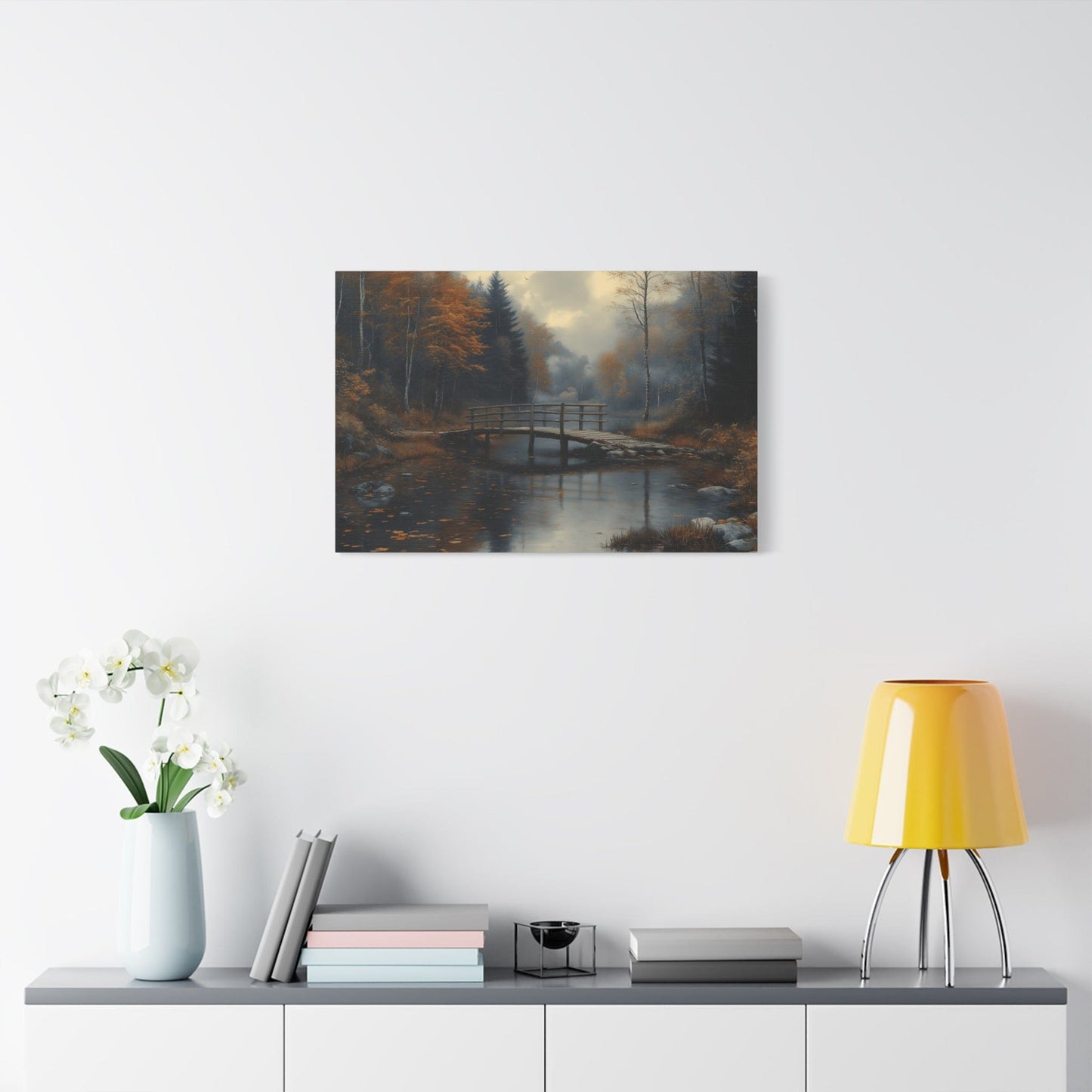 Autumn Landscape Canvas Print, Nature Art for Home Decor, Rustic Wall Art, Fall Decor, Bridge and River Painting