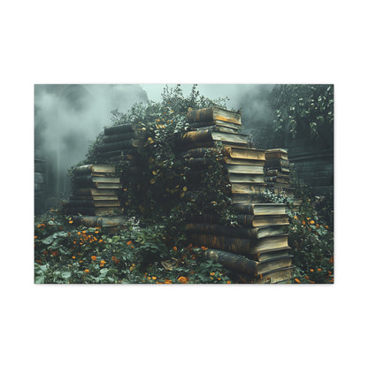 Mystical Book Stack Canvas Art, Enchanted Wall Decor, Literary Home Decor, Cozy Living Room Art, Nature Aesthetic