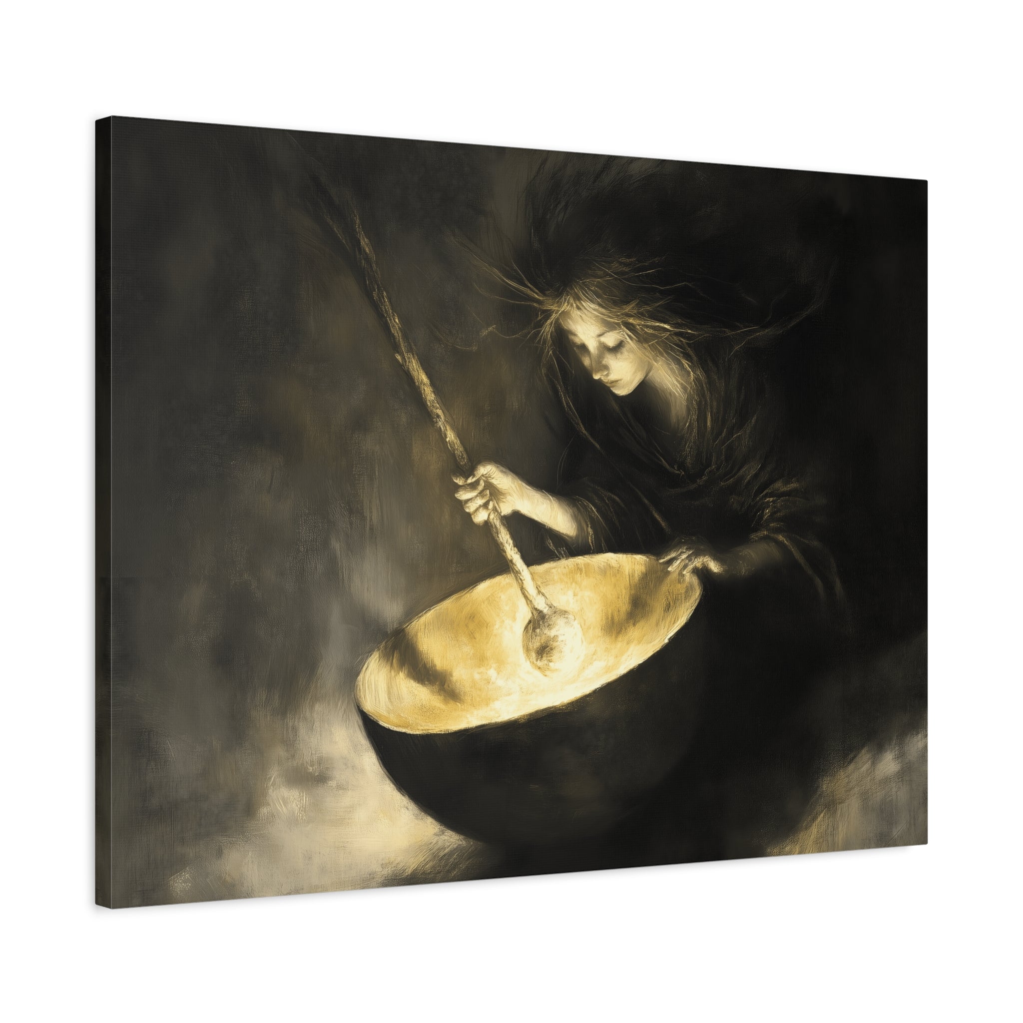 Mystical Canvas Art: Enchanting Witch in Black and Gold, Fantasy Wall Decor, Home & Kitchen Art, Unique Gift for Occasions
