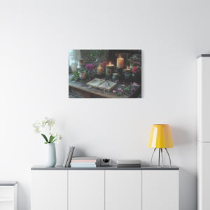 Stretched canvas wall art with vintage floral arrangement and candlelight décor for cozy living room ambiance