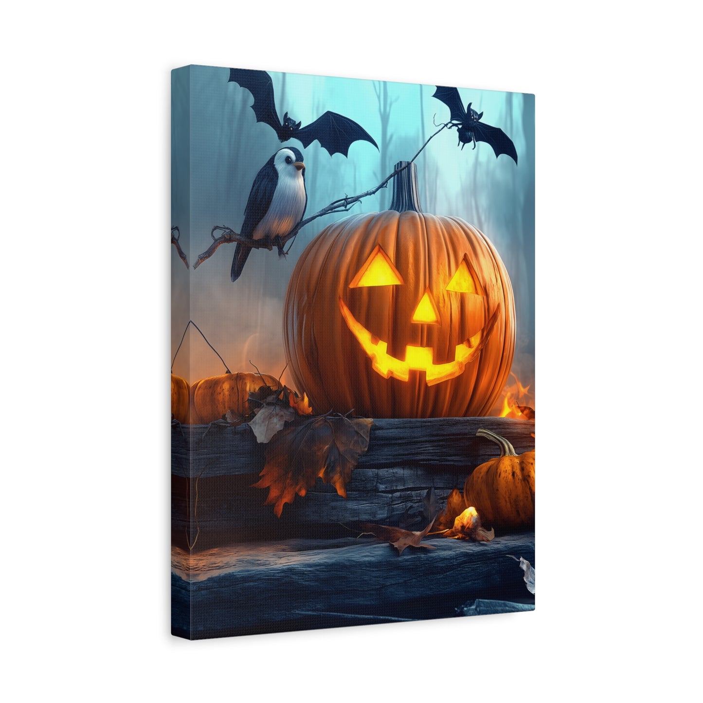 Halloween Canvas Art, Spooky Pumpkin Wall Decor, Fall Home Décor, Autumn Decoration, Bat and Crow Illustration