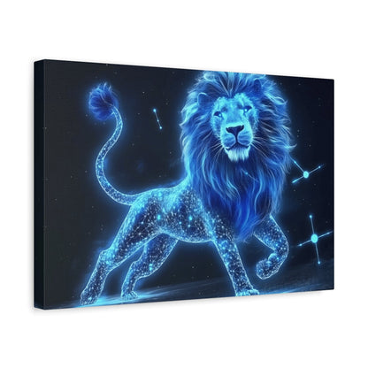 Celestial Lion Canvas Art, Cosmic Decor, Starry Night Wall Art, Gift for Animal Lovers, Home Office Decor, Vibrant Blue Canvas