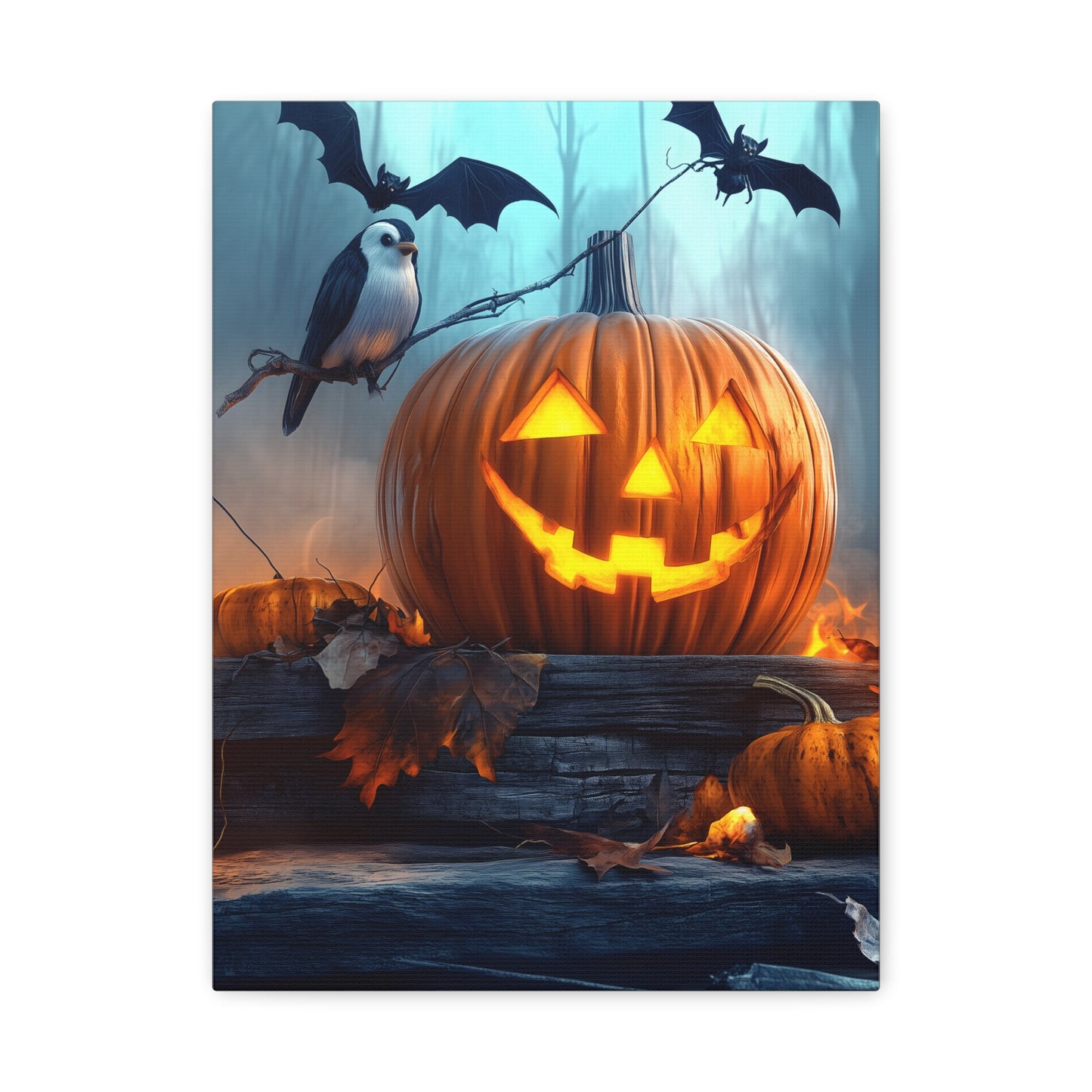 Halloween Canvas Art, Spooky Pumpkin Wall Decor, Fall Home Décor, Autumn Decoration, Bat and Crow Illustration