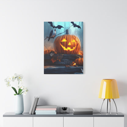 Halloween Canvas Art, Spooky Pumpkin Wall Decor, Fall Home Décor, Autumn Decoration, Bat and Crow Illustration