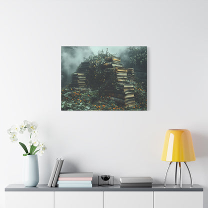Mystical Book Stack Canvas Art, Enchanted Wall Decor, Literary Home Decor, Cozy Living Room Art, Nature Aesthetic