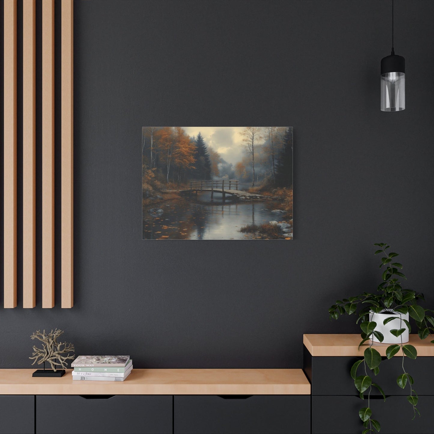 Autumn Landscape Canvas Print, Nature Art for Home Decor, Rustic Wall Art, Fall Decor, Bridge and River Painting