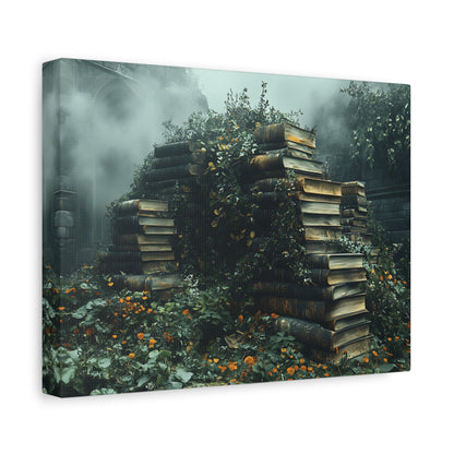 Mystical Book Stack Canvas Art, Enchanted Wall Decor, Literary Home Decor, Cozy Living Room Art, Nature Aesthetic