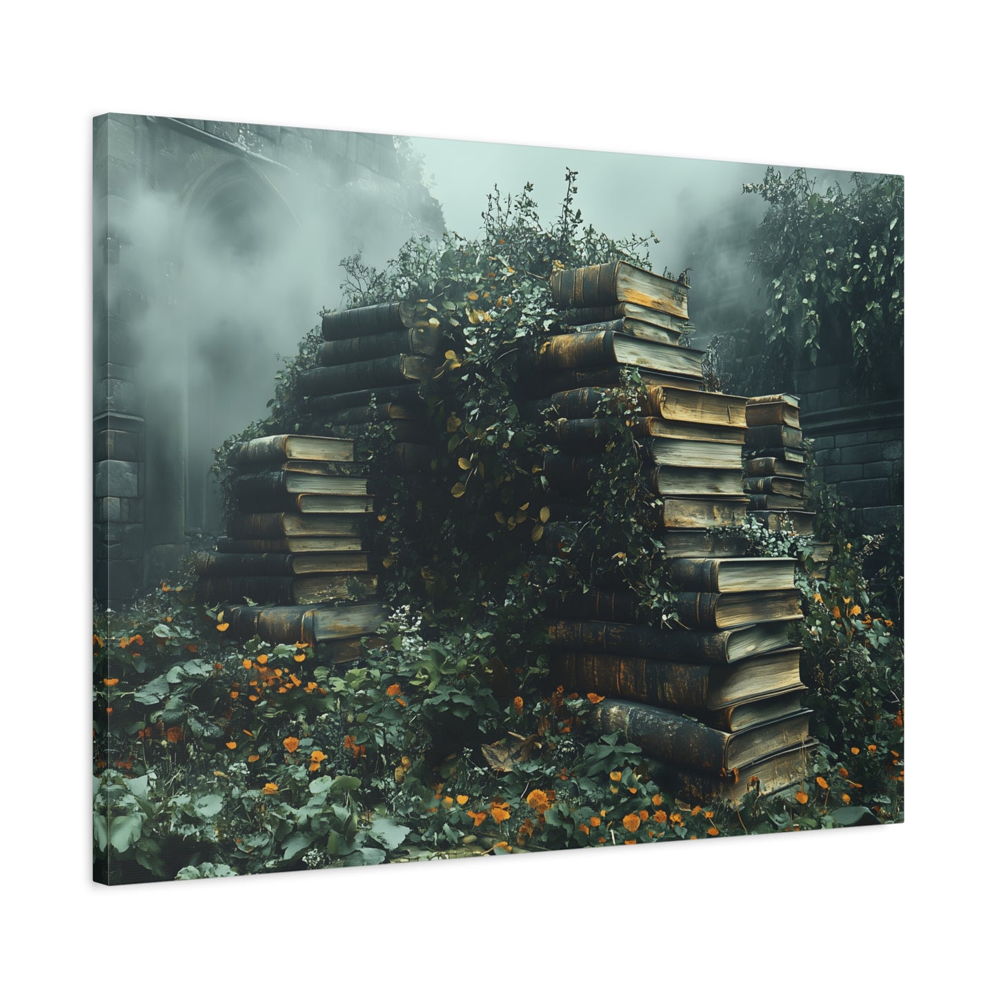 Mystical Book Stack Canvas Art, Enchanted Wall Decor, Literary Home Decor, Cozy Living Room Art, Nature Aesthetic