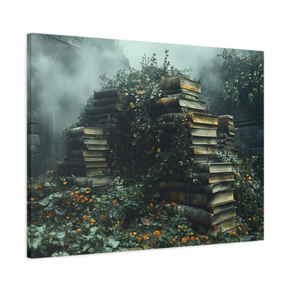 Mystical Book Stack Canvas Art, Enchanted Wall Decor, Literary Home Decor, Cozy Living Room Art, Nature Aesthetic