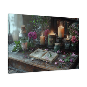 Stretched canvas wall art with vintage floral arrangement and candlelight décor for cozy living room ambiance