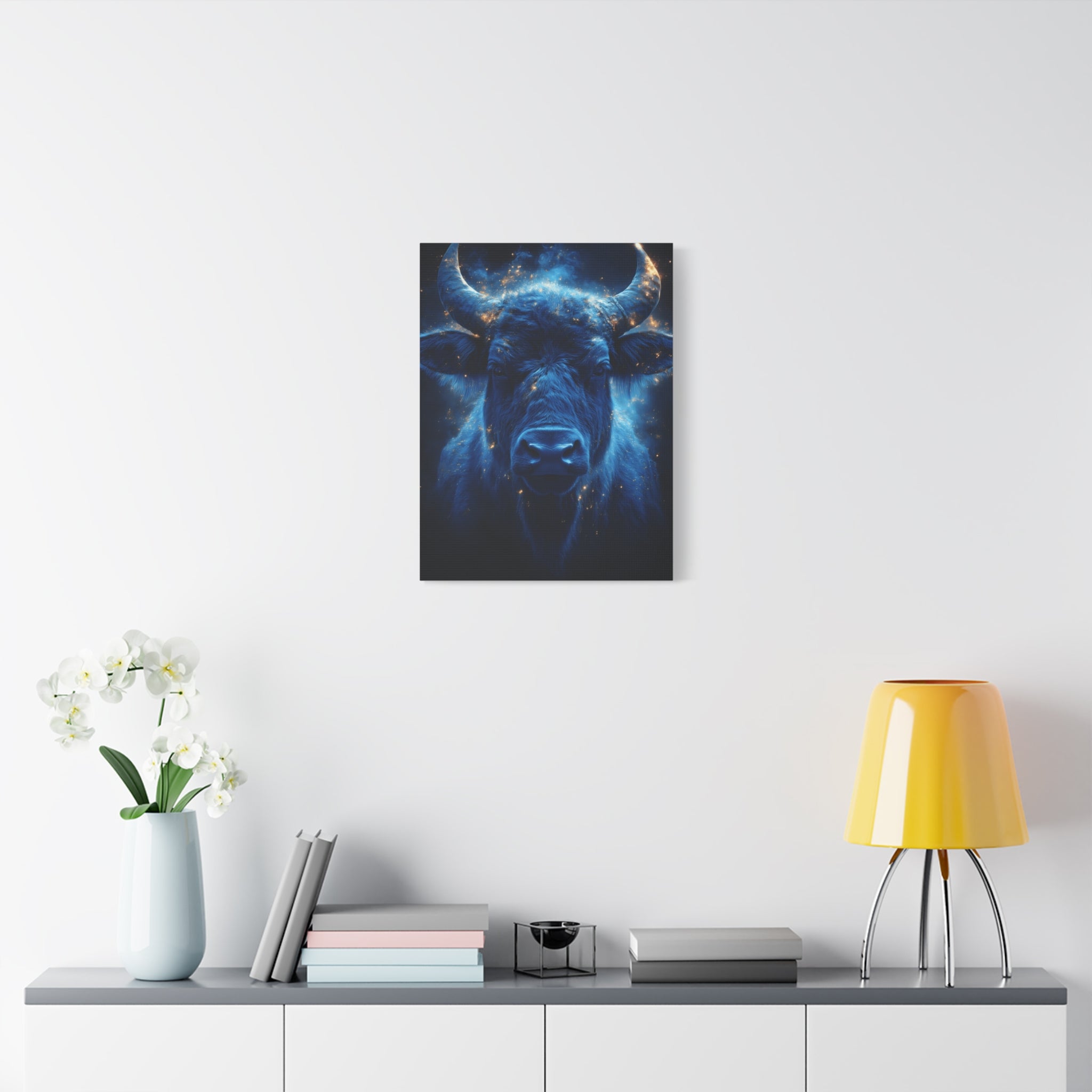 Cosmic Bull Canvas Art, Vibrant Wall Decor, Farmhouse Chic, Gift for Animal Lovers, Unique Home Accent, Astrology Inspired