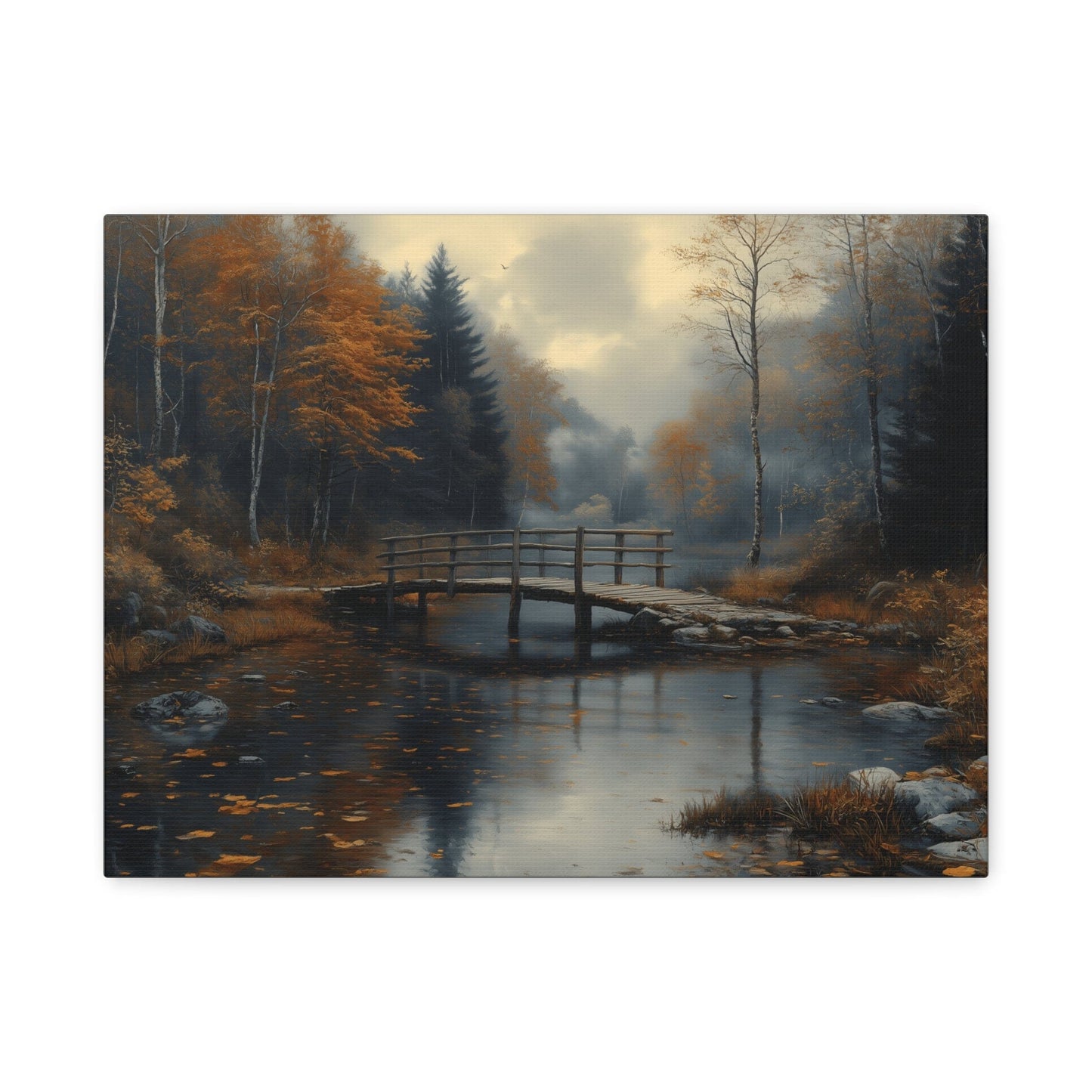 Autumn Landscape Canvas Print, Nature Art for Home Decor, Rustic Wall Art, Fall Decor, Bridge and River Painting