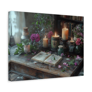Stretched canvas wall art with vintage floral arrangement and candlelight décor for cozy living room ambiance
