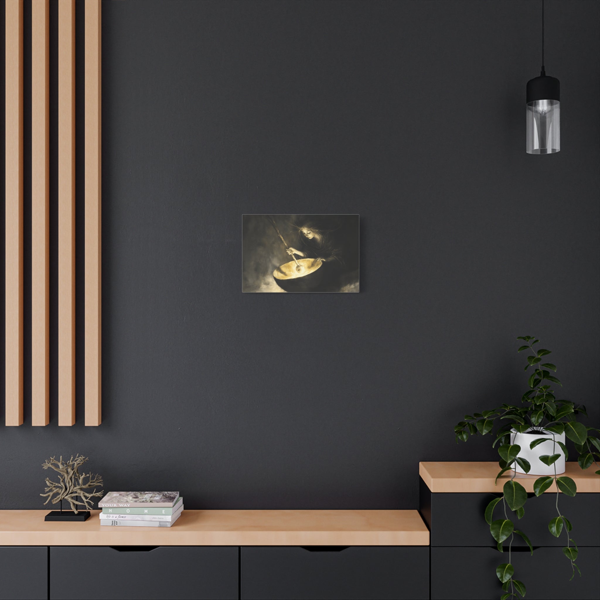 Mystical Canvas Art: Enchanting Witch in Black and Gold, Fantasy Wall Decor, Home & Kitchen Art, Unique Gift for Occasions