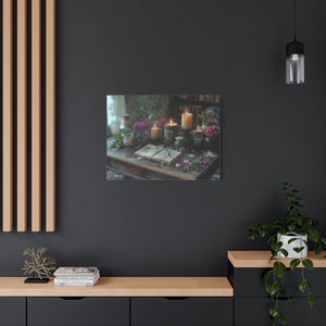 Stretched canvas wall art with vintage floral arrangement and candlelight décor for cozy living room ambiance