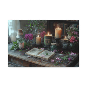 Stretched canvas wall art with vintage floral arrangement and candlelight décor for cozy living room ambiance