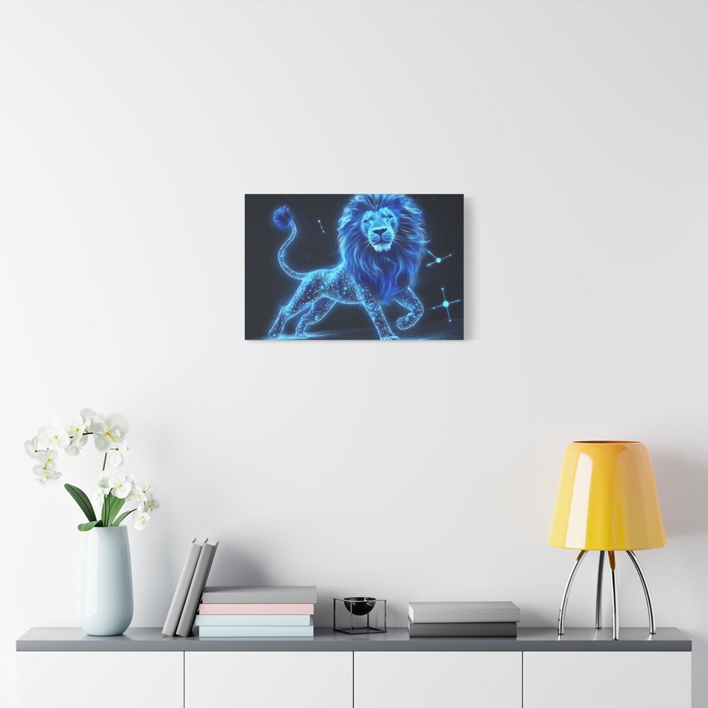 Celestial Lion Canvas Art, Cosmic Decor, Starry Night Wall Art, Gift for Animal Lovers, Home Office Decor, Vibrant Blue Canvas