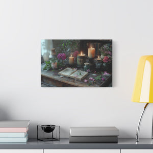 Stretched canvas wall art with vintage floral arrangement and candlelight décor for cozy living room ambiance