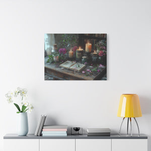 Stretched canvas wall art with vintage floral arrangement and candlelight décor for cozy living room ambiance