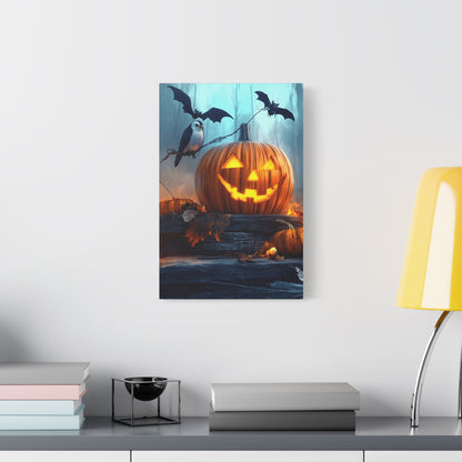 Halloween Canvas Art, Spooky Pumpkin Wall Decor, Fall Home Décor, Autumn Decoration, Bat and Crow Illustration