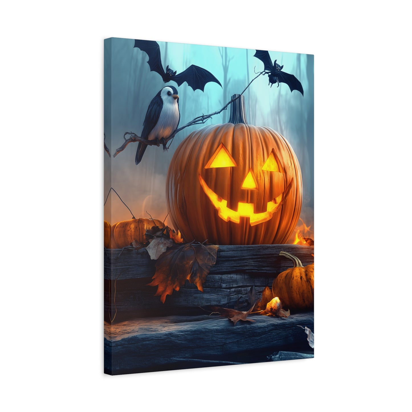 Halloween Canvas Art, Spooky Pumpkin Wall Decor, Fall Home Décor, Autumn Decoration, Bat and Crow Illustration
