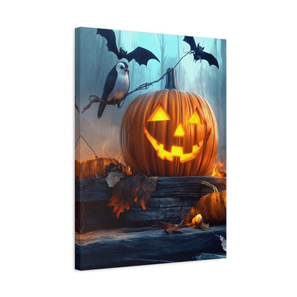Halloween Canvas Art, Spooky Pumpkin Wall Decor, Fall Home Décor, Autumn Decoration, Bat and Crow Illustration