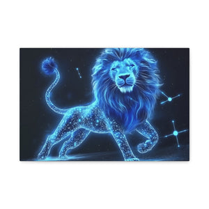 Celestial Lion Canvas Art, Cosmic Decor, Starry Night Wall Art, Gift for Animal Lovers, Home Office Decor, Vibrant Blue Canvas