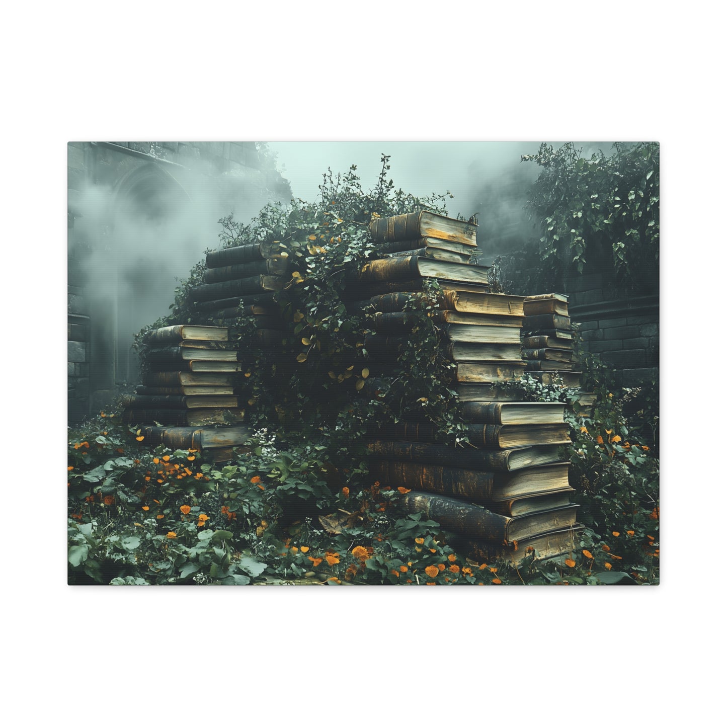 Mystical Book Stack Canvas Art, Enchanted Wall Decor, Literary Home Decor, Cozy Living Room Art, Nature Aesthetic