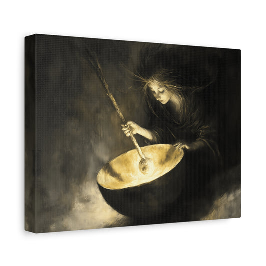 Mystical Canvas Art: Enchanting Witch in Black and Gold, Fantasy Wall Decor, Home & Kitchen Art, Unique Gift for Occasions