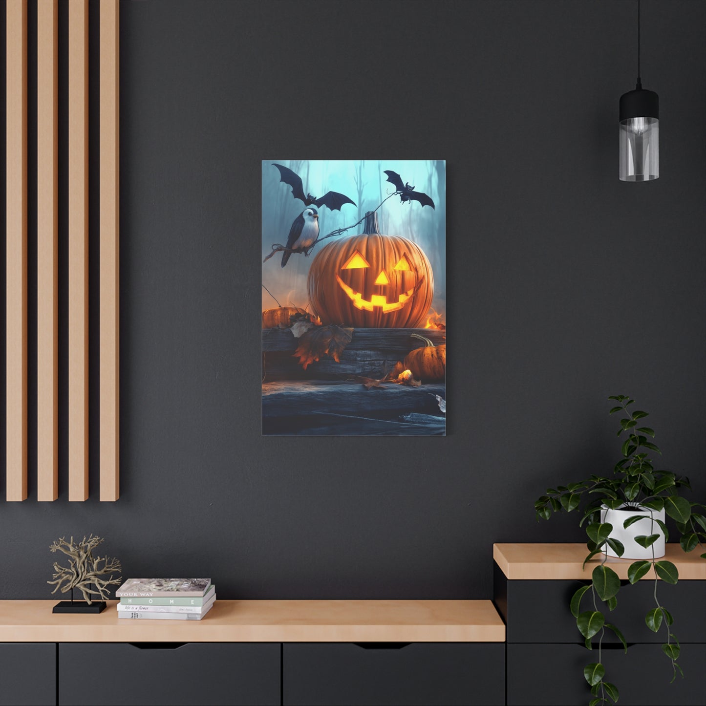 Halloween Canvas Art, Spooky Pumpkin Wall Decor, Fall Home Décor, Autumn Decoration, Bat and Crow Illustration