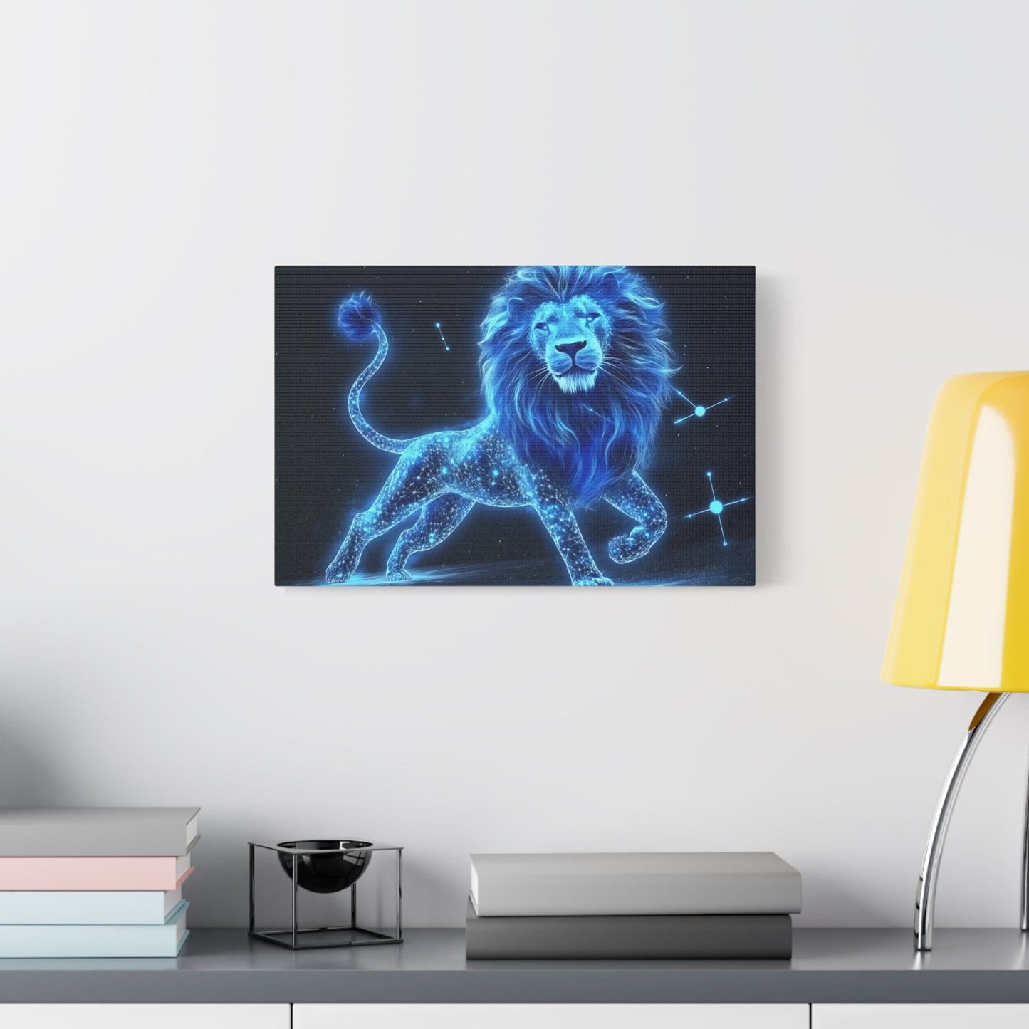 Celestial Lion Canvas Art, Cosmic Decor, Starry Night Wall Art, Gift for Animal Lovers, Home Office Decor, Vibrant Blue Canvas