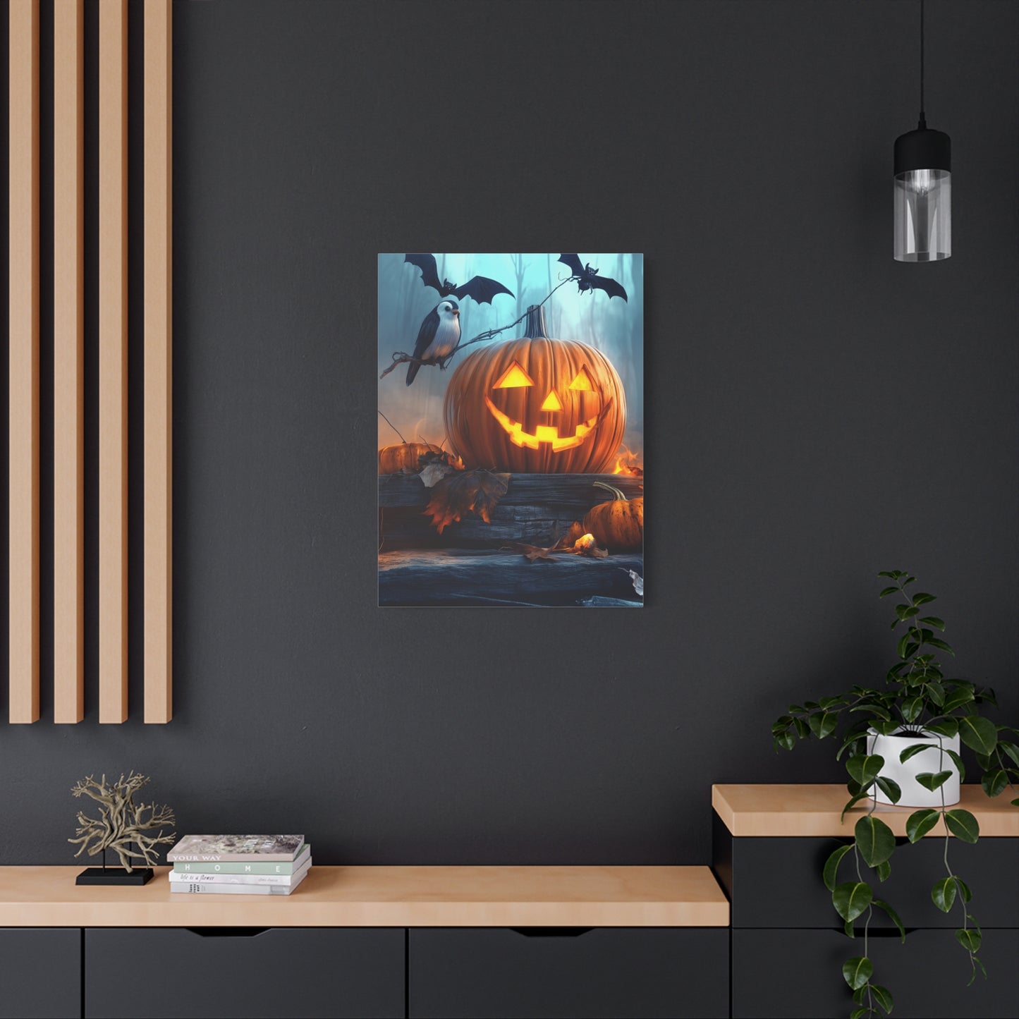 Halloween Canvas Art, Spooky Pumpkin Wall Decor, Fall Home Décor, Autumn Decoration, Bat and Crow Illustration